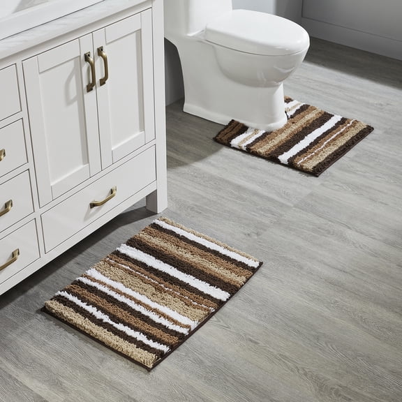 Better Trends 2 Piece Bathroom Rug Set 100% Polyester Soft Water Absorbent Non Slip Bath Mat Machine Washable Rug Griffie Collection - Brown