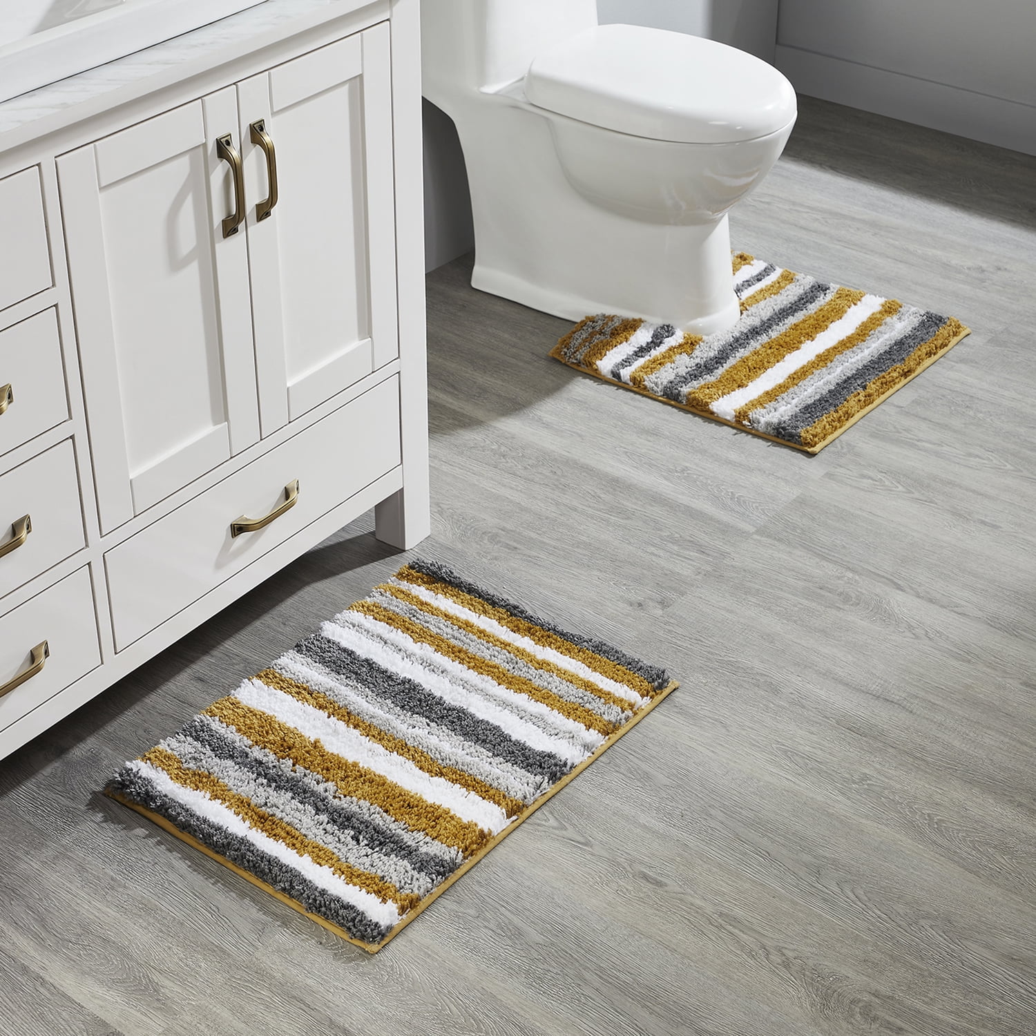Mustard and Gray Striped Polyester Bath Rug Set