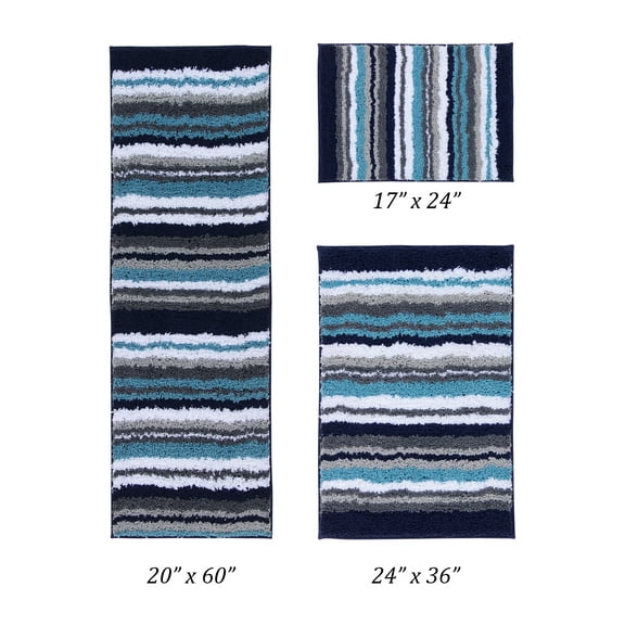Better Trends 3 Piece Bathroom Rug Set 100% Polyester Soft Water Absorbent Non Slip Bath Mat Machine Washable Rug Griffie Collection - Blue