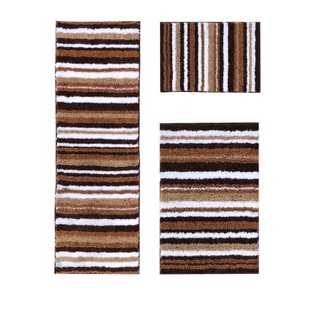 Better Trends 3 Piece Bathroom Rug Set 100% Polyester Soft Water Absorbent Non Slip Bath Mat Machine Washable Rug Griffie Collection - Brown