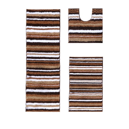 Better Trends 3 Piece Bathroom Rug Set 100% Polyester Soft Water Absorbent Non Slip Bath Mat Machine Washable Rug Griffie Collection - Brown