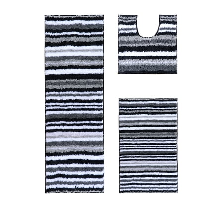 Better Trends 3 Piece Bathroom Rug Set 100% Polyester Soft Water Absorbent Non Slip Bath Mat Machine Washable Rug Griffie Collection - Gray