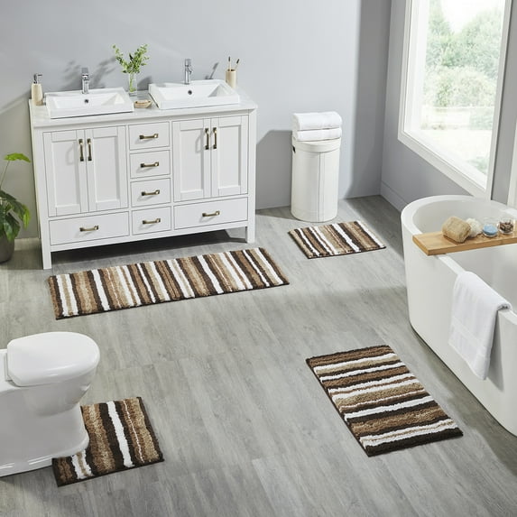 Better Trends 4 Piece Bathroom Rug Set 100% Polyester Soft Water Absorbent Non Slip Bath Mat Machine Washable Rug Griffie Collection - Brown