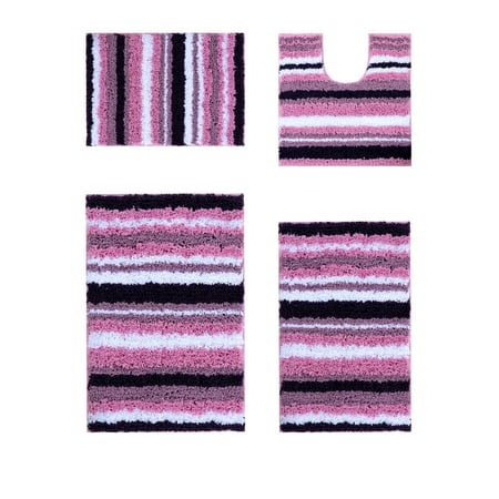Better Trends 4 Piece Bathroom Rug Set 100% Polyester Soft Water Absorbent Non Slip Bath Mat Machine Washable Rug Griffie Collection - Purple