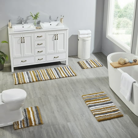 Better Trends 4 Piece Bathroom Rug Set 100% Polyester Soft Water Absorbent Non Slip Bath Mat Machine Washable Rug Griffie Collection - Yellow