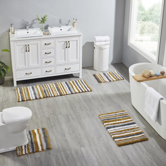 Better Trends 4 Piece Bathroom Rug Set 100% Polyester Soft Water Absorbent Non Slip Bath Mat Machine Washable Rug Griffie Collection - Yellow