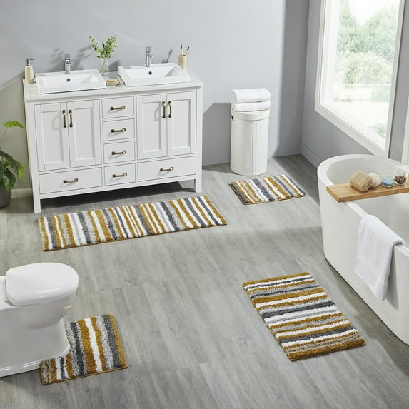Better Trends 4 Piece Bathroom Rug Set 100% Polyester Soft Water Absorbent Non Slip Bath Mat Machine Washable Rug Griffie Collection - Yellow