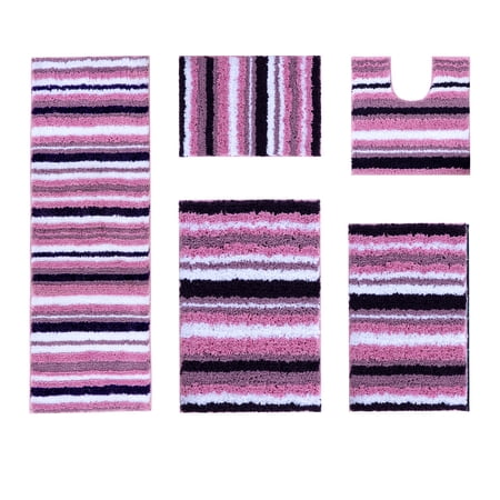 Better Trends 5 Piece Bathroom Rug Set 100% Polyester Soft Water Absorbent Non Slip Bath Mat Machine Washable Rug Griffie Collection - Purple