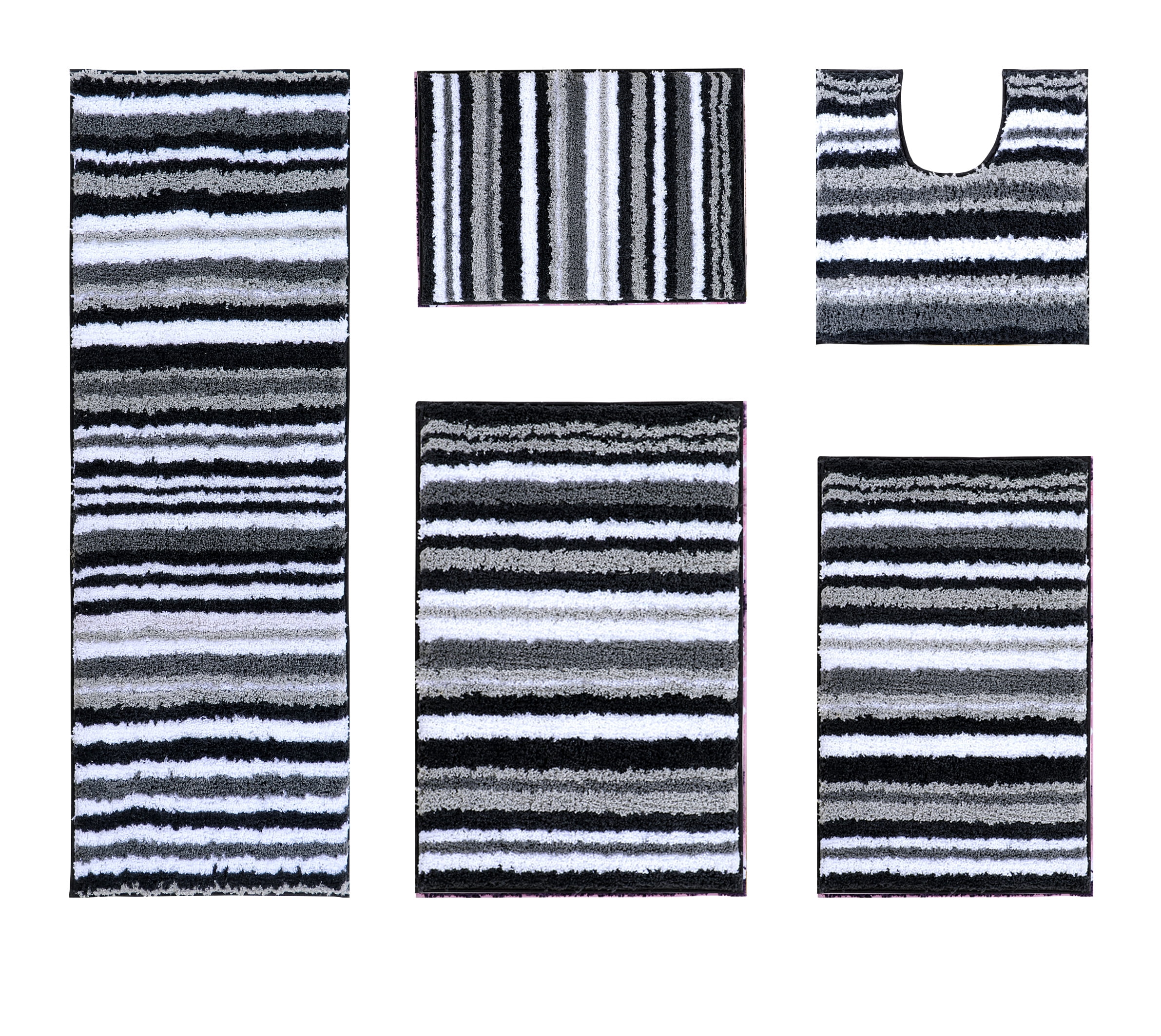 Graphite Gray and White Striped Polyester Bath Rug Set