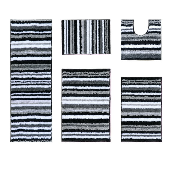Better Trends 5 Piece Bathroom Rug Set 100% Polyester Soft Water Absorbent Non Slip Bath Mat Machine Washable Rug Griffie Collection - Gray
