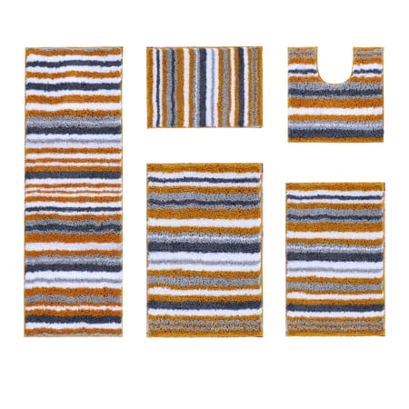 Better Trends 5 Piece Bathroom Rug Set 100% Polyester Soft Water Absorbent Non Slip Bath Mat Machine Washable Rug Griffie Collection - Yellow