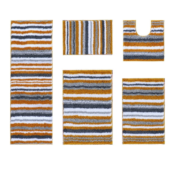 Better Trends 5 Piece Bathroom Rug Set 100% Polyester Soft Water Absorbent Non Slip Bath Mat Machine Washable Rug Griffie Collection - Yellow
