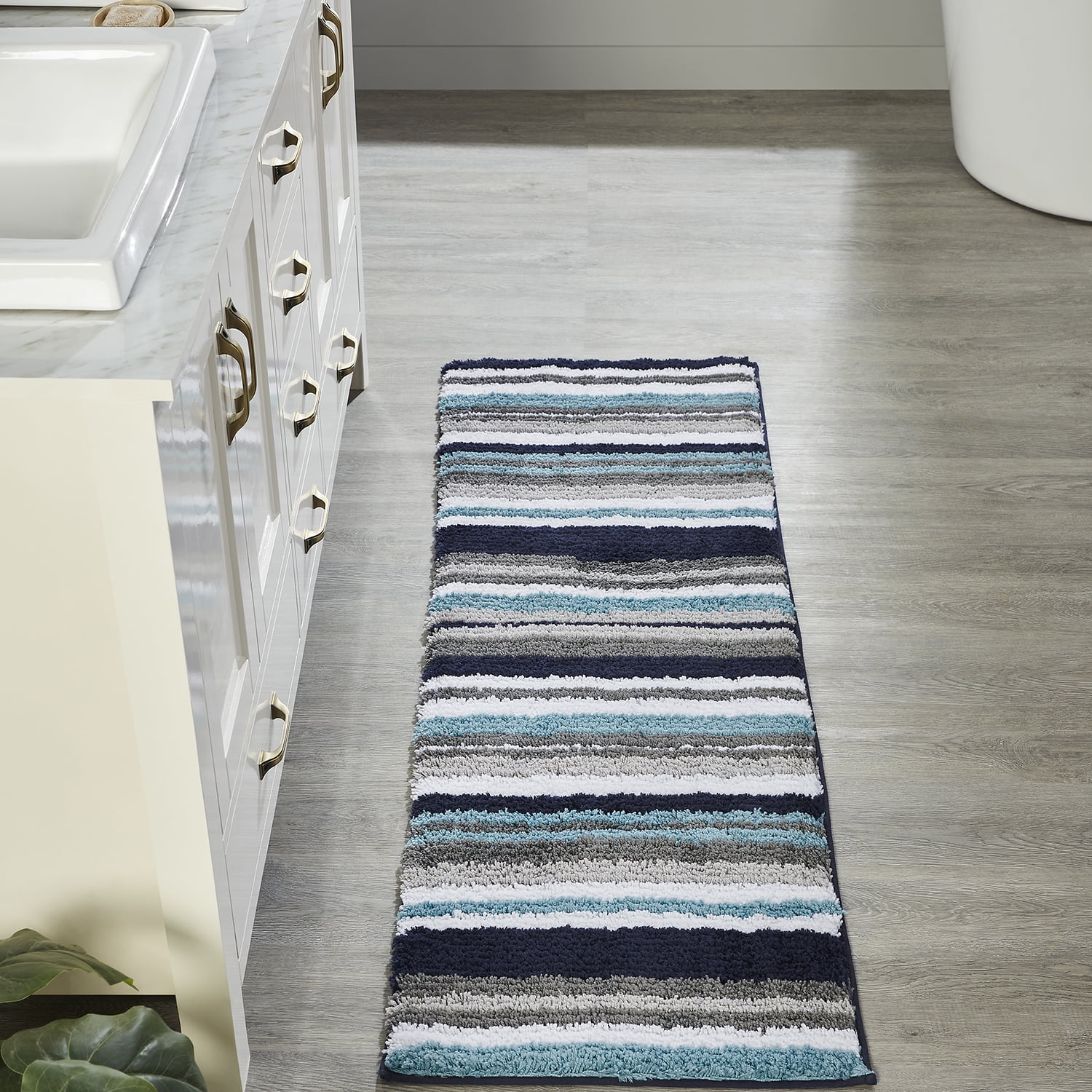 Griffie Blue and Gray Polyester Striped Bath Runner Rug