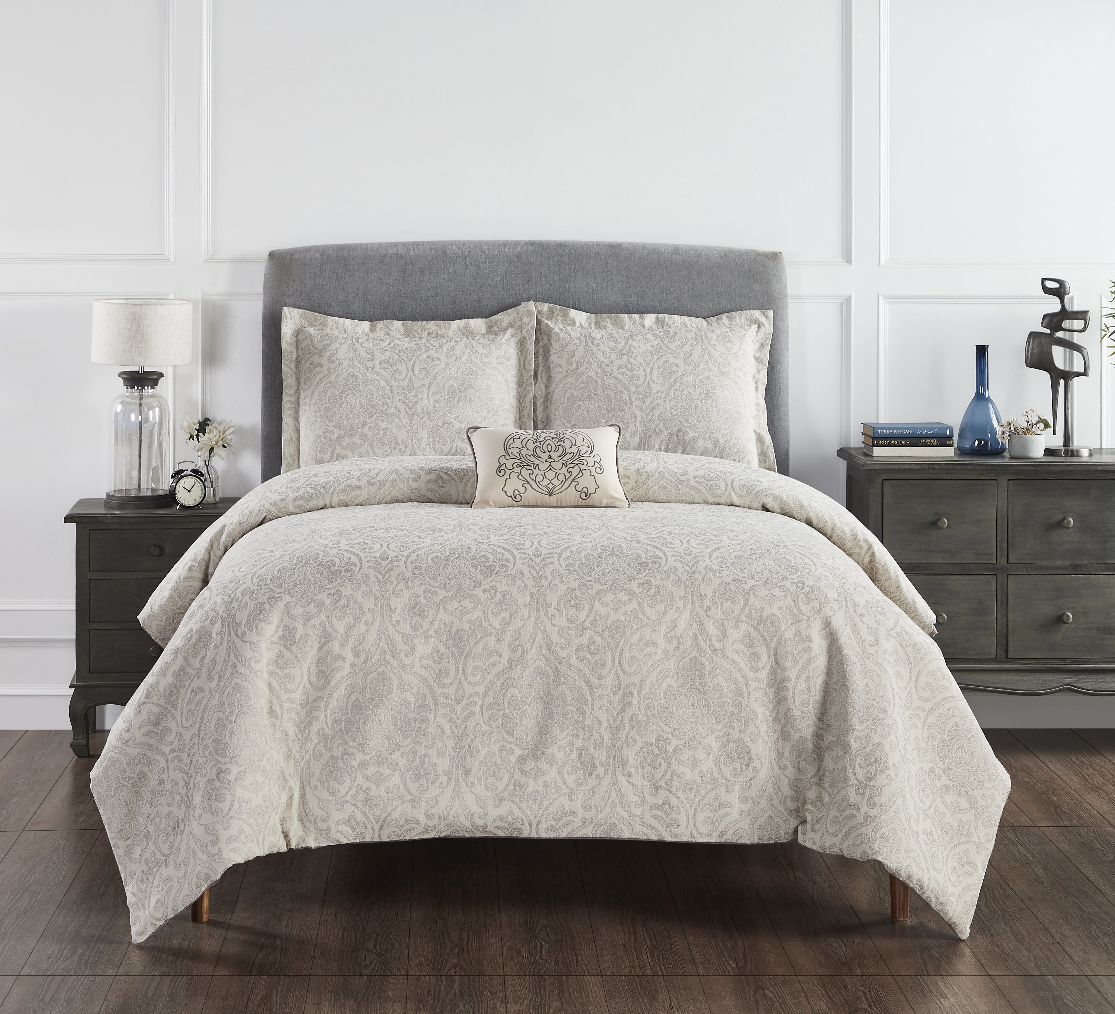 King Gray Cotton Damask Comforter Set