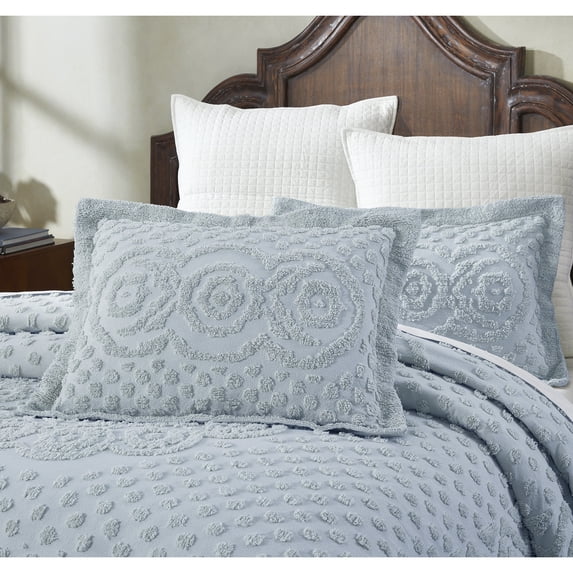 Better Trends King Sham Pillowcase For king Bedspread 100% Cotton 1 Pack 20" x 36" Ultra Soft Waffle Weave Medallion Design Decorative Case Covers for Bed Heirloom Collection (Blue)