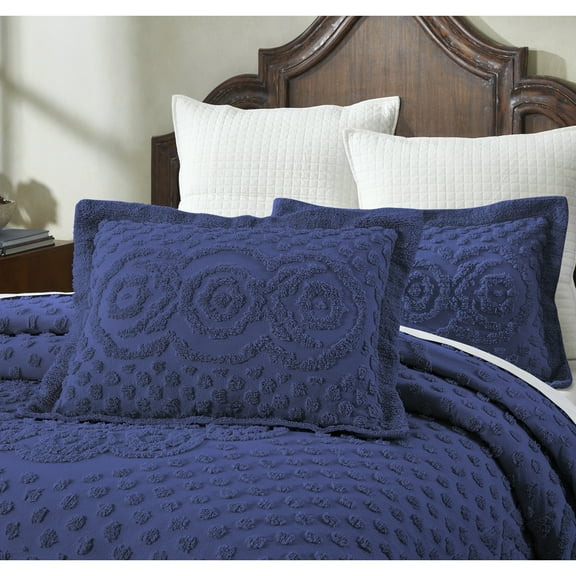 Better Trends Euro Sham Pillowcase For Bedspread 100% Cotton 1 Pack 26" x 26" Ultra Soft Waffle Weave Medallion Design Decorative Case Covers for Bed Heirloom Collection (Navy)