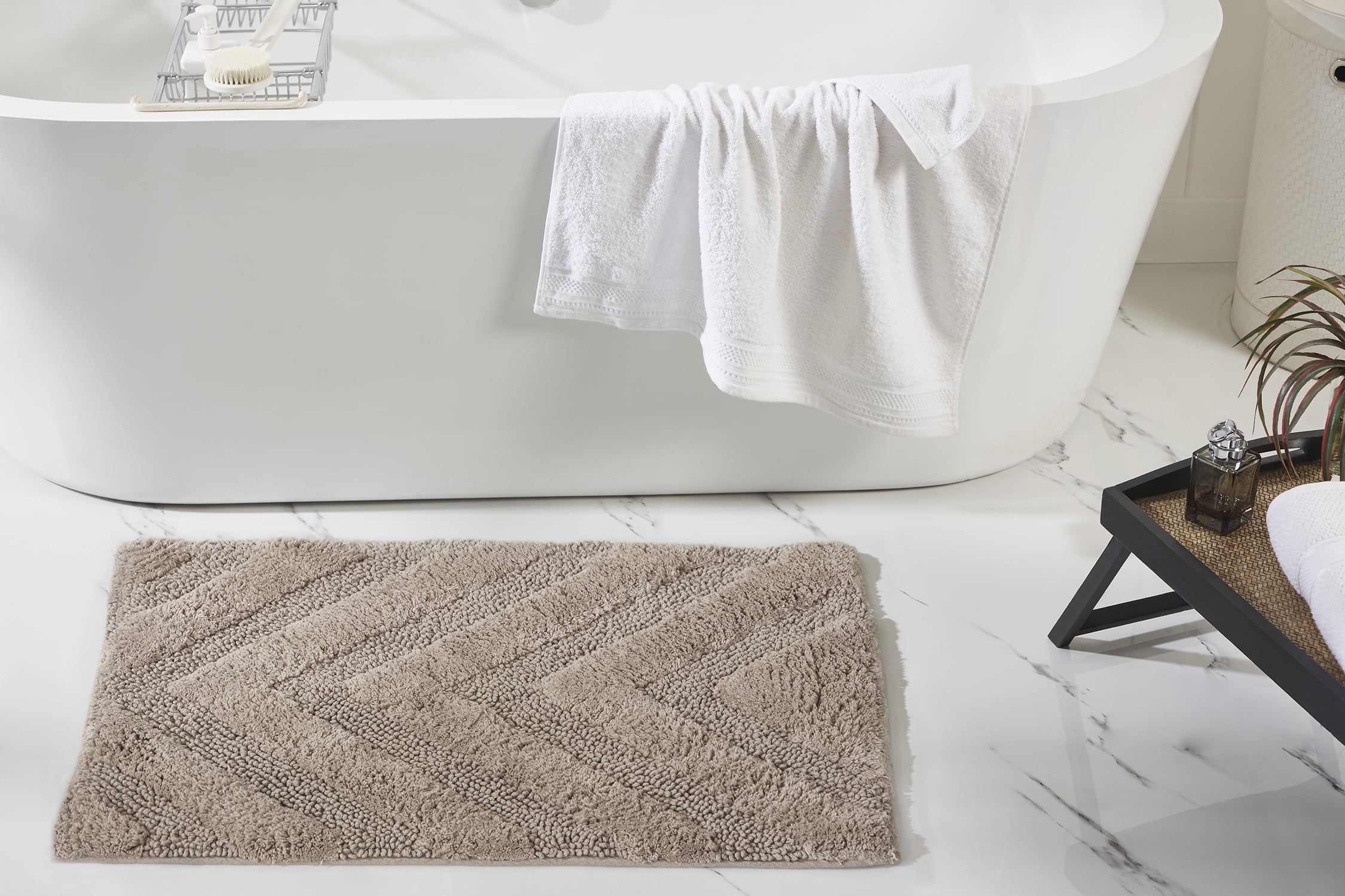 Beige Cotton Tufted Anti-Skid Bathroom Rug 21" x 34"