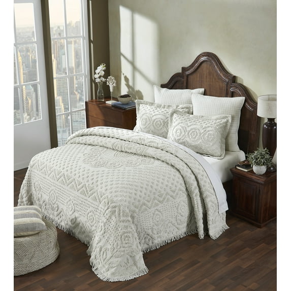 Better Trends 3 Piece Chenille Bedspread Set for Full/Double Bedspread 100% Cotton Medallion Design Lightweight Bedspread for all Season Heirloom Collection (Ivory)