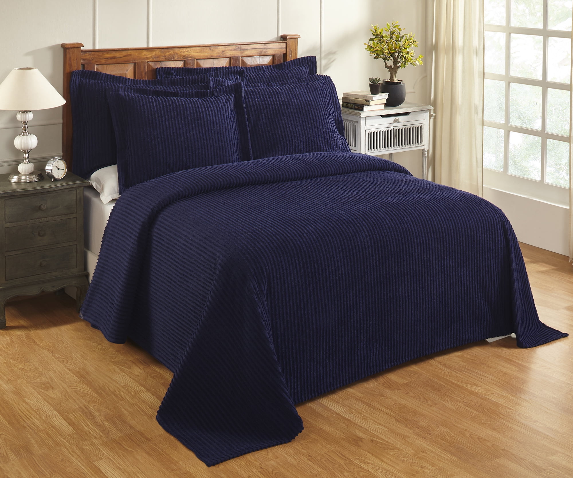 Navy Full Cotton Chenille Bedspread Set with Shams