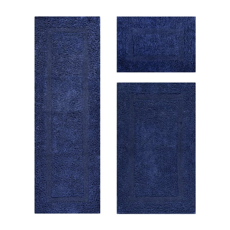 Better Trends Premium 3 Piece Bathroom Rug Set 100% Cotton, Extra Soft Tufted Bath Mat, Water Absorbent & Reversible Mat, Navy Lux Collection