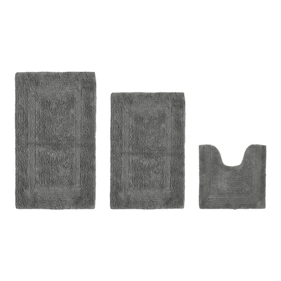 Better Trends Luxury 3 Piece Bathroom Rugs Set 100% Cotton Bath Rug Soft, Water Absorbent, Reversible, Machine Washable for Bathroom Decor Toilet Base Contour, Runner Mat Gray Lux Collection
