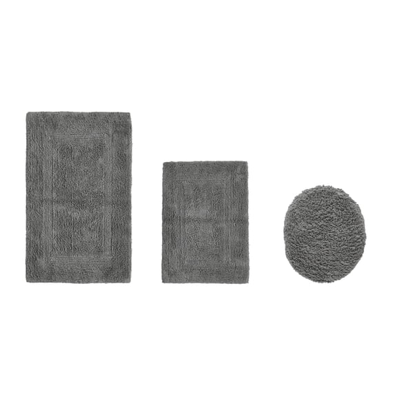 Better Trends Luxury Bath Rugs 3 Piece Set 100% Cotton Water Absorbent, Reversible Machine Washable Lid Cover, U Shap Toilet Base Contour for Bathroom Floor Decor, Toilet Cover Gray Lux Collection