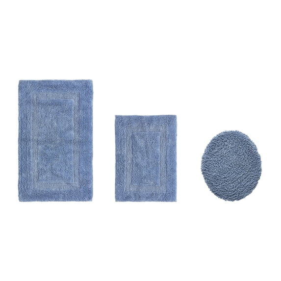 Better Trends Luxury Bath Rugs 3 Piece Set 100% Cotton Water Absorbent Reversible Machine Washable Lid Cover U Shap Toilet Base Contour for Bathroom Floor Décor Toilet Cover Dark Blue Lux Collection