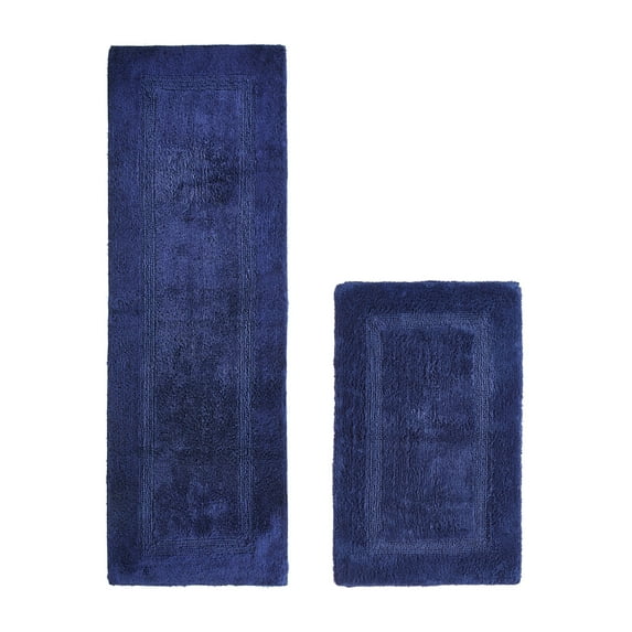 Better Trends Luxury Bathroom Rug 2 Piece Set 100% Cotton Bath Rug Water Absorbent, Reversible Machine Washable Runner Mat for Bathroom, Bathtub, Laundry Room 21"x34"|20"x60" Navy Lux Collection