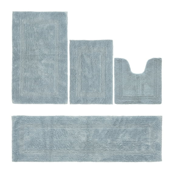 Better Trends Luxury Bathroom Rugs 4 Piece Set 100% Cotton Soft Bath Rug Water Absorbent, Reversible, Machine Washable for Bathroom Decor Toilet Base Contour, Runner Mat Blue Lux Collection