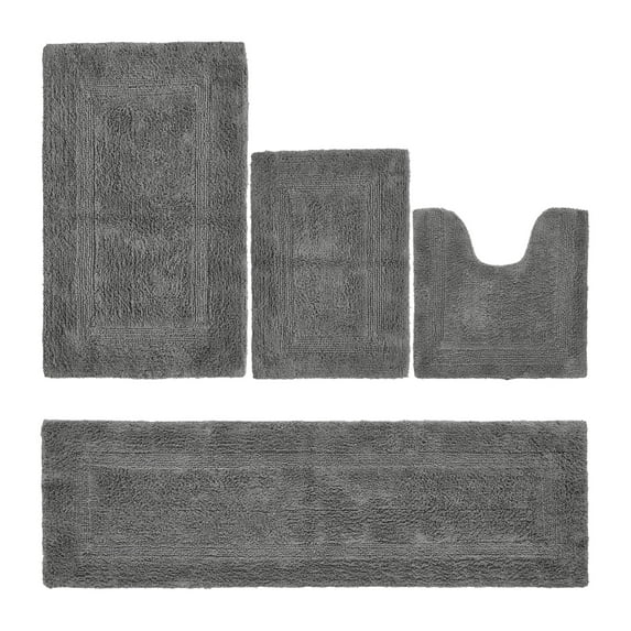Better Trends Luxury Bathroom Rugs 4 Piece Set 100% Cotton Soft Bath Rug Water Absorbent, Reversible, Machine Washable for Bathroom Decor Toilet Base Contour, Runner Mat Gray Lux Collection