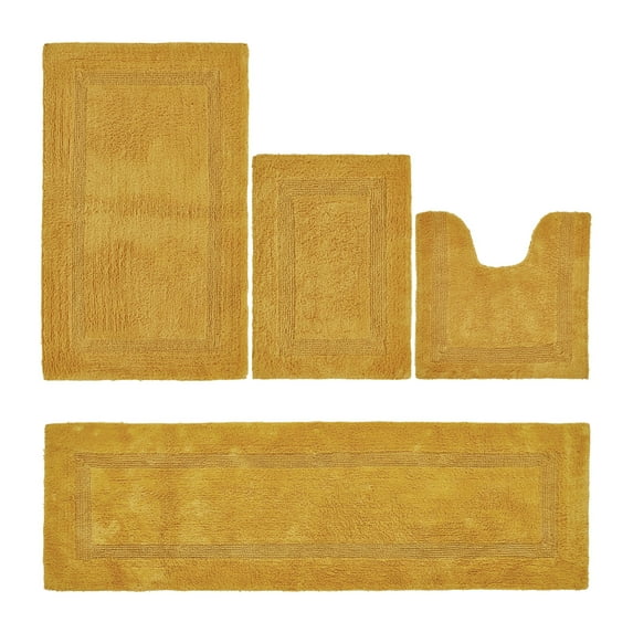 Better Trends Luxury Bathroom Rugs 4 Piece Set 100% Cotton Soft Bath Rug Water Absorbent, Reversible, Machine Washable for Bathroom Decor Toilet Base Contour, Runner Mat Yellow Lux Collection