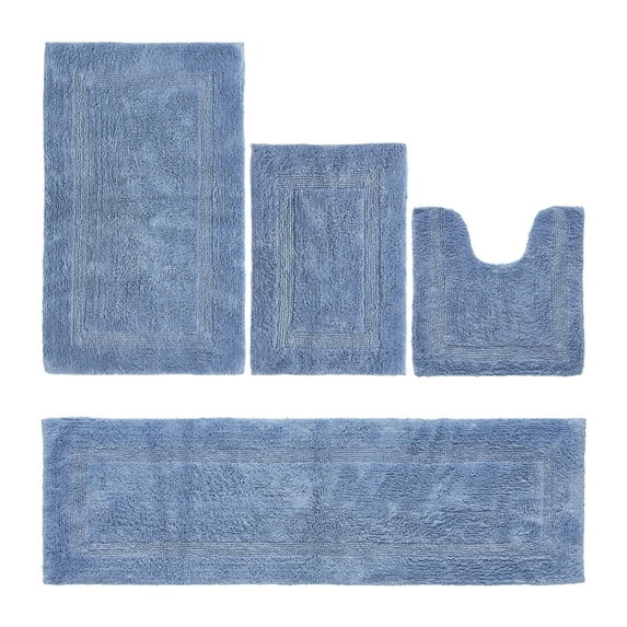 Better Trends Luxury Bathroom Rugs 4 Piece Set 100% Cotton Soft Bath Rug Water Absorbent, Reversible, Machine Washable for Bathroom Decor Toilet Base Contour, Runner Mat Dark Blue Lux Collection