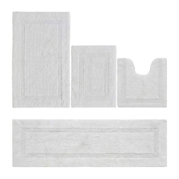 Better Trends Luxury Bathroom Rugs 4 Piece Set 100% Cotton Soft Bath Rug Water Absorbent, Reversible, Machine Washable for Bathroom Decor Toilet Base Contour, Runner Mat White Lux Collection