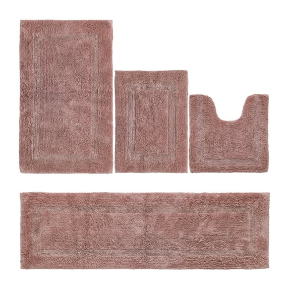 Better Trends Luxury Bathroom Rugs 4 Piece Set 100% Cotton Soft Bath Rug Water Absorbent, Reversible, Machine Washable for Bathroom Decor Toilet Base Contour, Runner Mat Pink Lux Collection