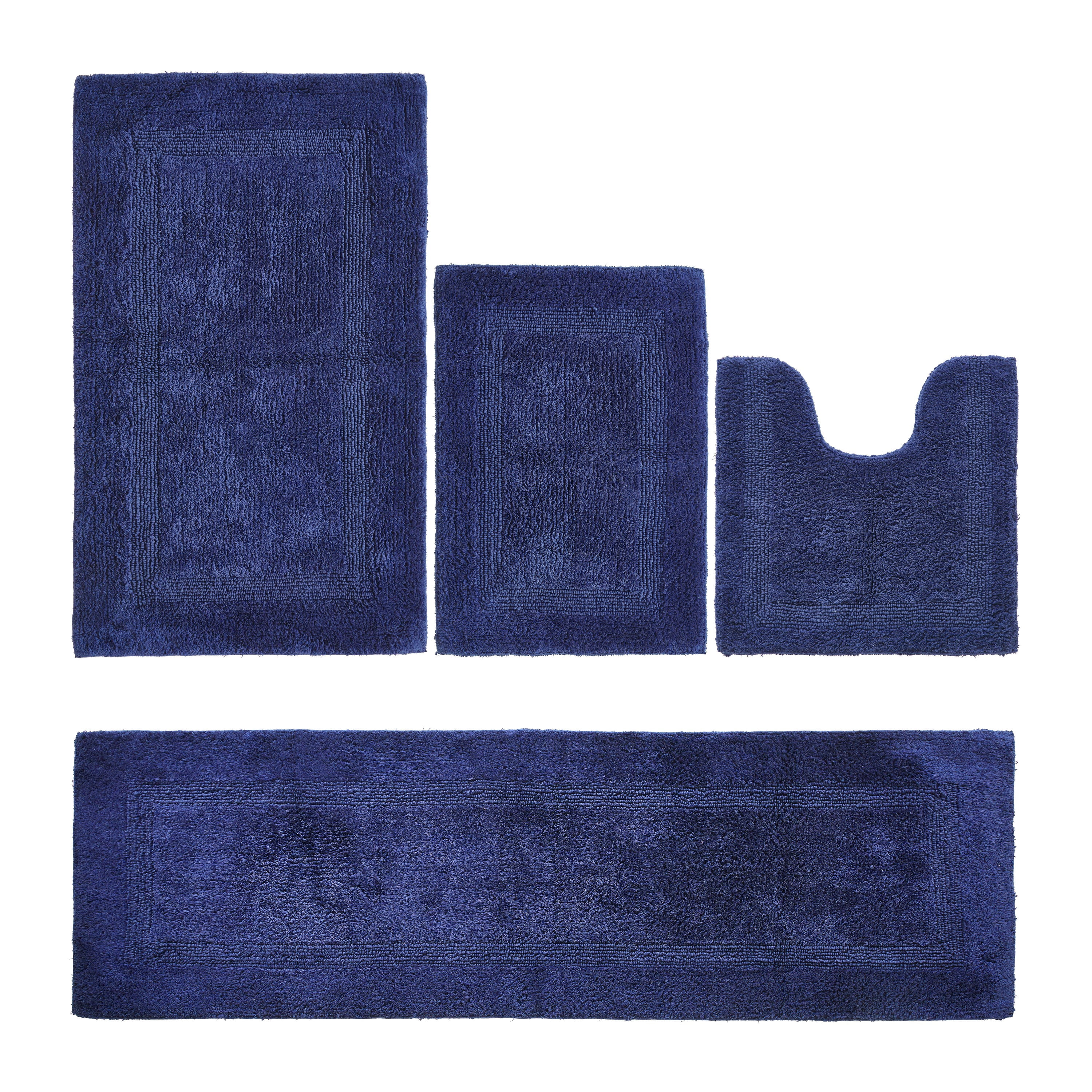 Better Trends Luxury Bathroom Rugs 4 Piece Set 100% Cotton Soft Bath Rug Water Absorbent, Reversible, Machine Washable for Bathroom Decor Toilet Base Contour, Runner Mat Navy Lux Collection