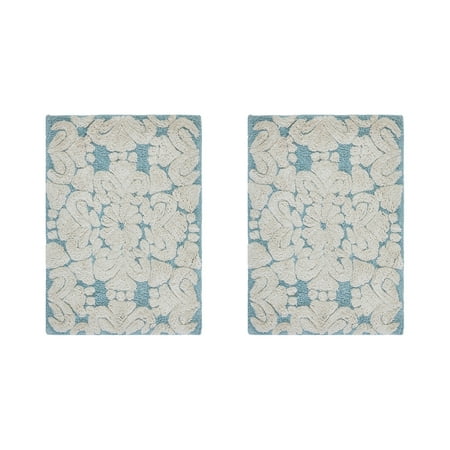 Better Trends 2 Piece Bathroom Rug Set 100% Cotton Extra Soft Tufted Bath Rug Water Absorbent Non-Slip Bath Mat Machine Washable (Blue) Medallion Collection