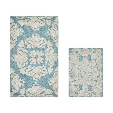 Better Trends 2 Piece Bathroom Rug Set 100% Cotton Extra Soft Tufted Bath Rug Water Absorbent Non-Slip Bath Mat Machine Washable (Blue) Medallion Collection