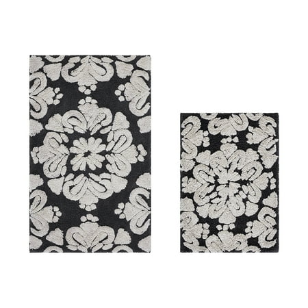 Better Trends 2 Piece Bathroom Rug Set 100% Cotton Extra Soft Tufted Bath Rug Water Absorbent Non-Slip Bath Mat Machine Washable (Charcol) Medallion Collection