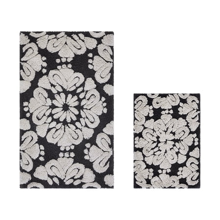 Better Trends 2 Piece Bathroom Rug Set 100% Cotton Extra Soft Tufted Bath Rug Water Absorbent Non-Slip Bath Mat Machine Washable (Charcol) Medallion Collection