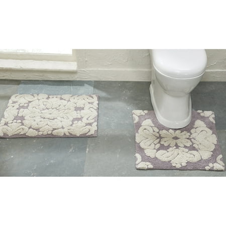 Better Trends 2 Piece Bathroom Rug Set 100% Cotton Extra Soft Tufted Bath Rug Water Absorbent Non-Slip Bath Mat Machine Washable (Gray) Medallion Collection