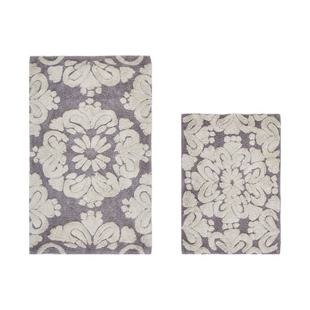 Better Trends 2 Piece Bathroom Rug Set 100% Cotton Extra Soft Tufted Bath Rug Water Absorbent Non-Slip Bath Mat Machine Washable (Gray) Medallion Collection