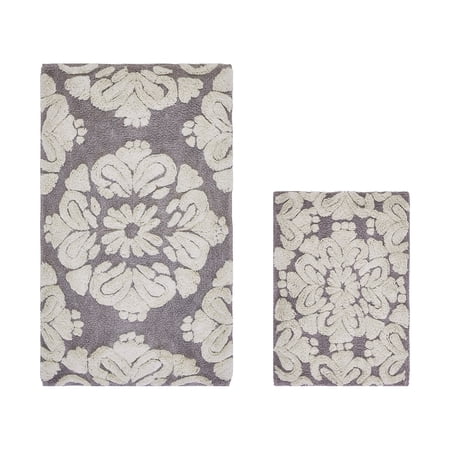 Better Trends 2 Piece Bathroom Rug Set 100% Cotton Extra Soft Tufted Bath Rug Water Absorbent Non-Slip Bath Mat Machine Washable (Gray) Medallion Collection