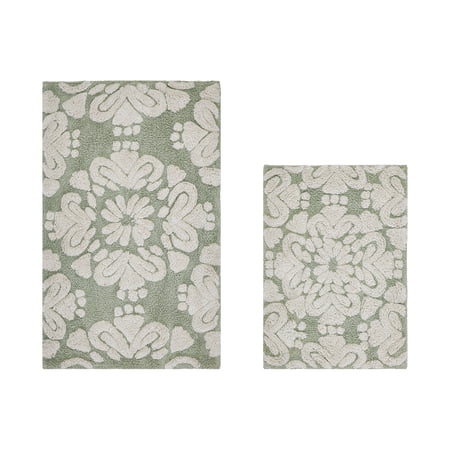 Better Trends 2 Piece Bathroom Rug Set 100% Cotton Extra Soft Tufted Bath Rug Water Absorbent Non-Slip Bath Mat Machine Washable (Sage) Medallion Collection