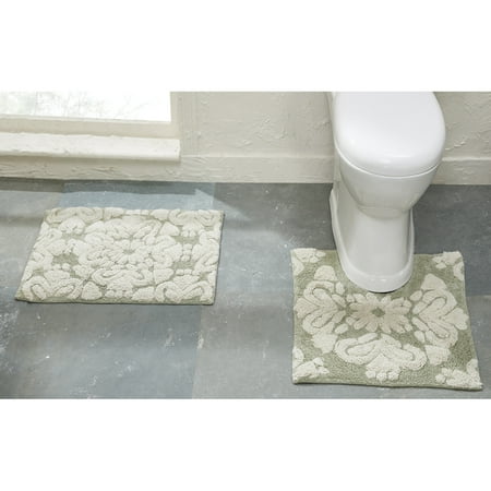Better Trends 2 Piece Bathroom Rug Set 100% Cotton Extra Soft Tufted Bath Rug Water Absorbent Non-Slip Bath Mat Machine Washable (Sage) Medallion Collection