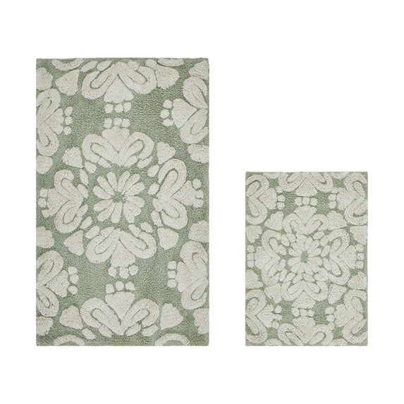 Better Trends 2 Piece Bathroom Rug Set 100% Cotton Extra Soft Tufted Bath Rug Water Absorbent Non-Slip Bath Mat Machine Washable (Sage) Medallion Collection