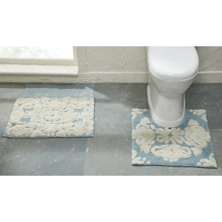 Better Trends 2 Piece Bathroom Rug Set 100% Cotton Extra Soft Tufted Bath Rug Water Absorbent Non-Slip Bath Mat Machine Washable (Blue) Medallion Collection
