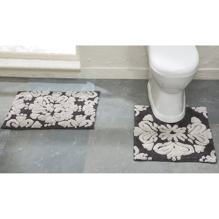 Better Trends 2 Piece Bathroom Rug Set 100% Cotton Extra Soft Tufted Bath Rug Water Absorbent Non-Slip Bath Mat Machine Washable (Charcol) Medallion Collection