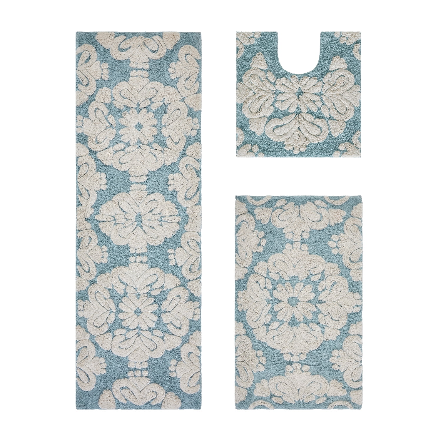 Blue and Natural Cotton Medallion Pattern Bath Rug Set
