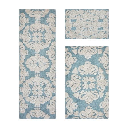 Better Trends 3 Piece Bathroom Rug Set 100% Cotton Extra Soft Tufted Bath Rug Water Absorbent Non-Slip Bath Mat Machine Washable (Blue) Medallion Collection