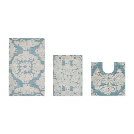 Better Trends 3 Piece Bathroom Rug Set 100% Cotton Extra Soft Tufted Bath Rug Water Absorbent Non-Slip Bath Mat Machine Washable (Blue) Medallion Collection